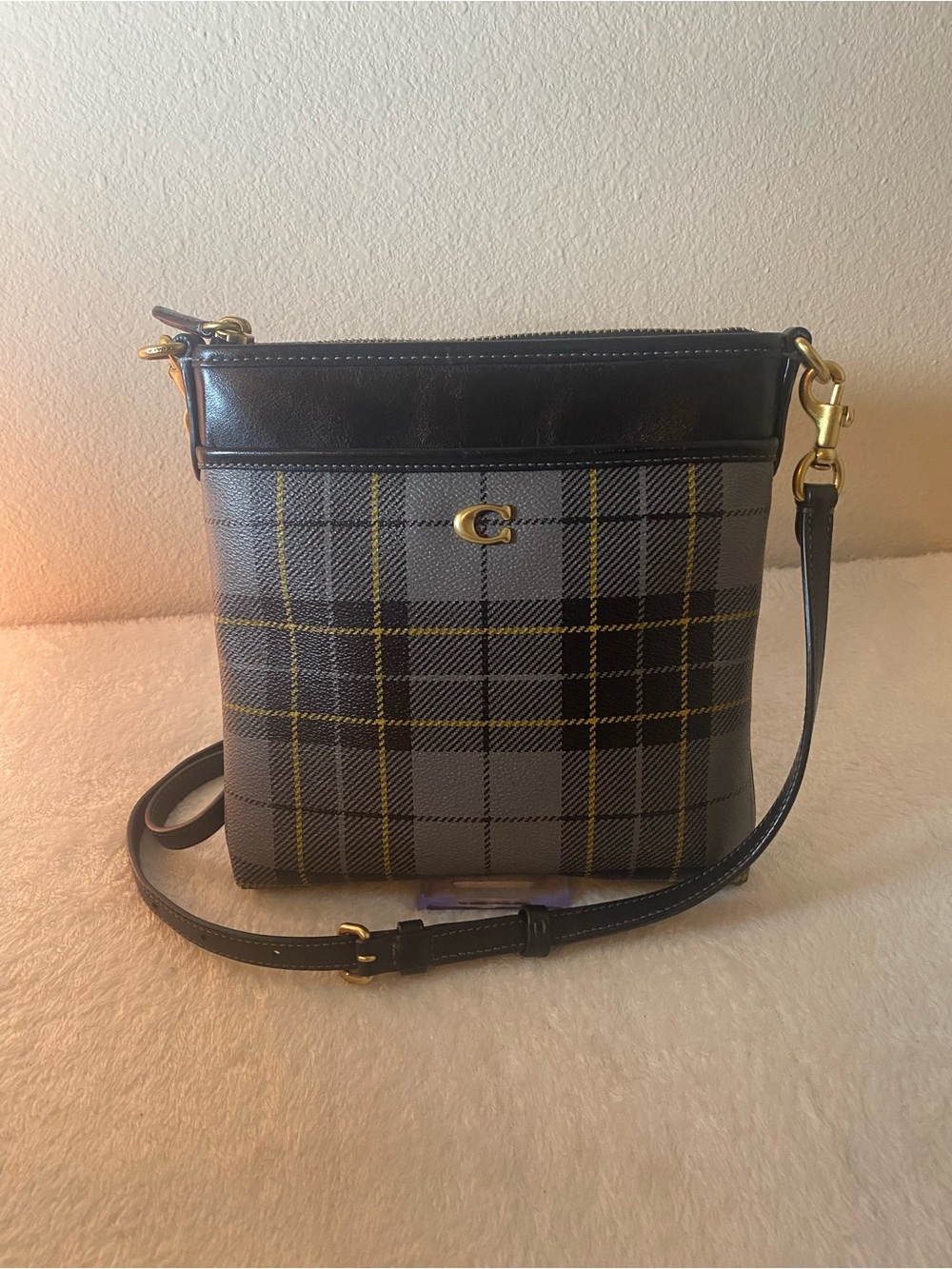 Coach Gray Plaid Crossbody with Black Trim and Yellow Accents